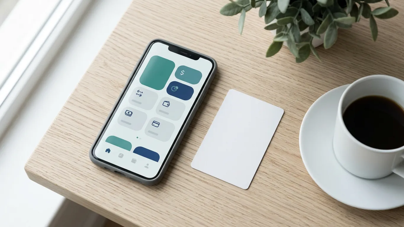 Mobiltelefon med generisk bankapplikation och neutralt betalkort på ett ljust träbord som illustrerar direkt bankbetalning.