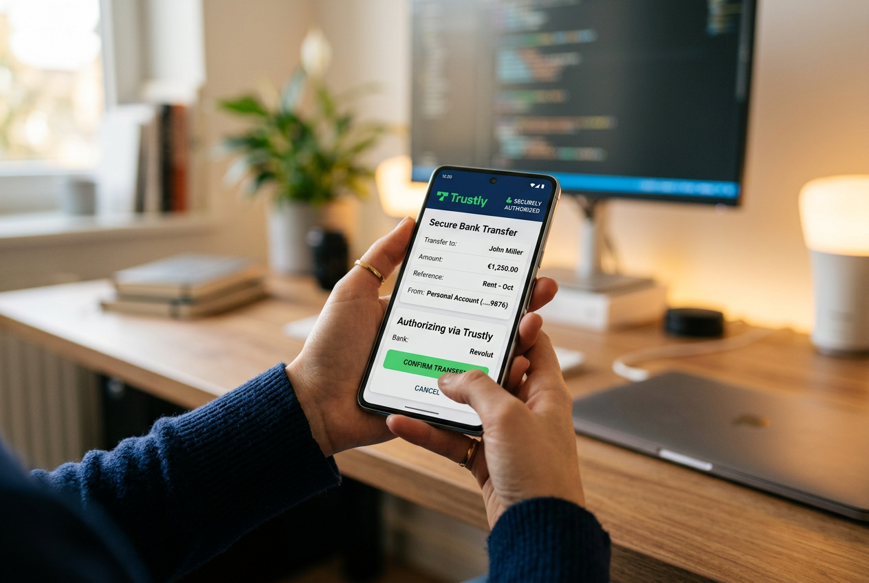 En person som gör en säker insättning med Trustly på ett mobilcasino.