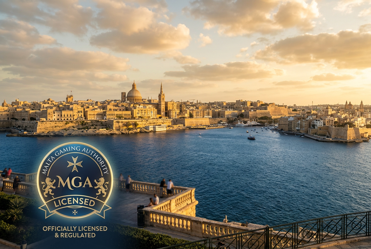 En vy över Malta med en symbolisk representation av MGA:s myndighetskontroll.