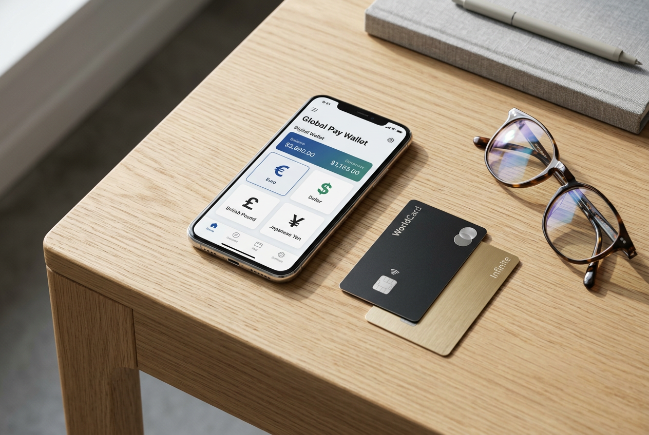 Ett urval av digitala betalkort och en smartphone på en ren arbetsyta.